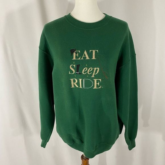 EUC Eat, Sleep, Ride Green Embroidery Seeatshirt - Picture 1 of 5